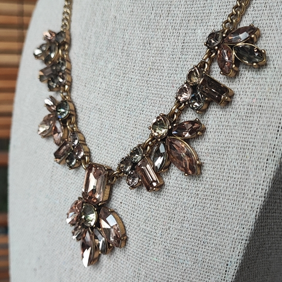 J Crew Emerald Cut Peach and Smoke Rhinestone Statement Necklace Citrine Navette - Picture 3 of 16